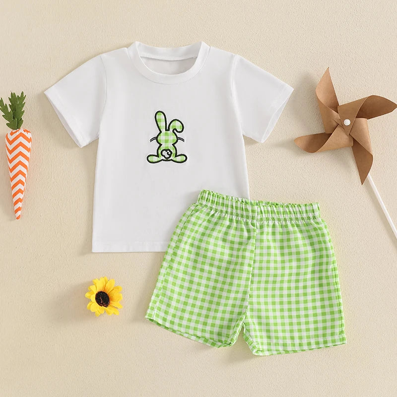 Boys Easter Outfit Summer Clothes, Carrot Cart Short Sleeve T-Shirt & Plaid Shorts Set, Cute Toddler Baby Boy Easter Outfit for 0-3T