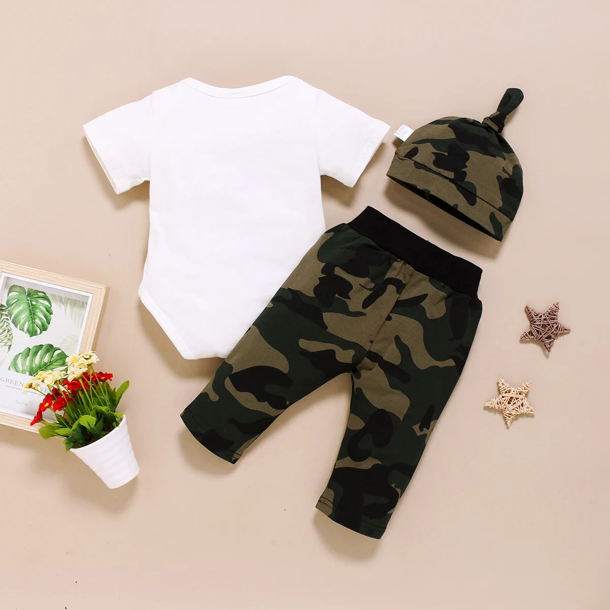 Newborn Male Baby Summer Tie Short-Sleeved Bodysuit, Camouflage Pants & Cap Three-Piece Set – For Babies Aged 0-18 Months