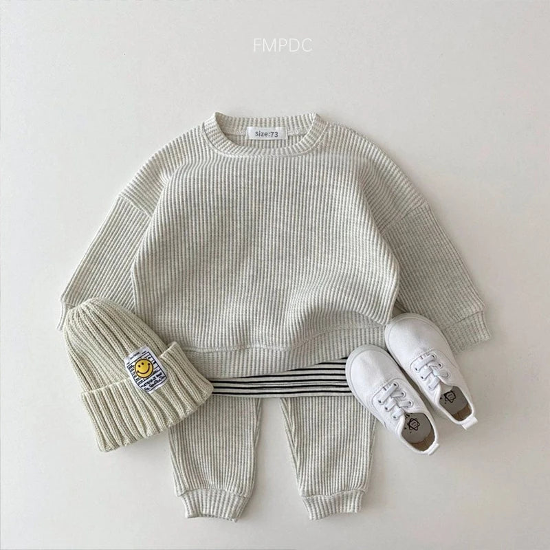 2023 Korean Toddler Baby Clothing Set - Infant Boys Waffle Cotton Sweatshirt & Pants | 2PCS Mock Two-Piece Outfit