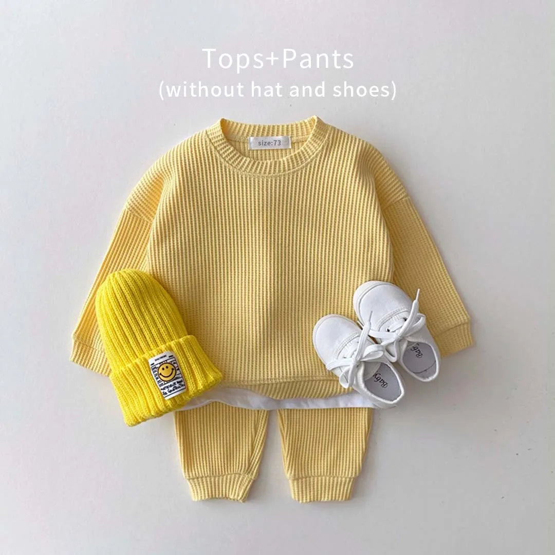 2023 Korean Toddler Baby Clothing Set - Infant Boys Waffle Cotton Sweatshirt & Pants | 2PCS Mock Two-Piece Outfit