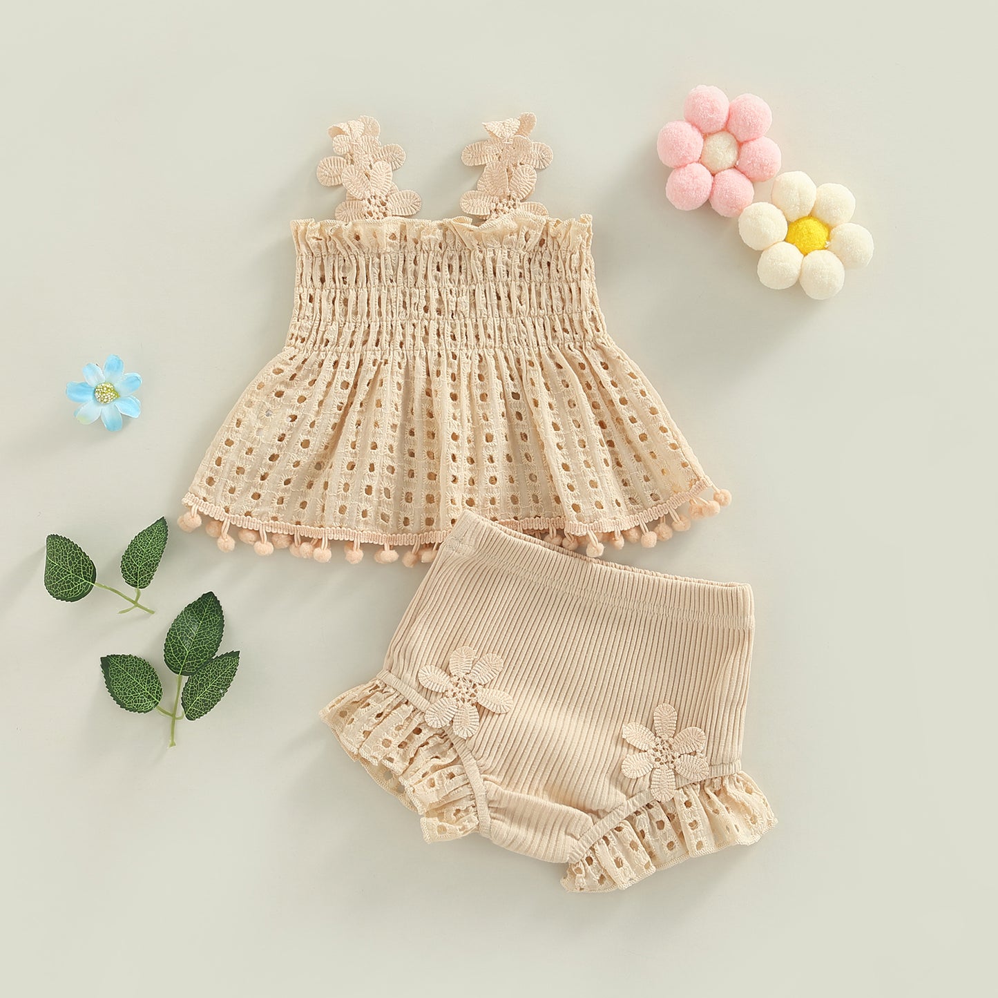 Toddler Baby Girls Summer Outfit, Solid Color Cutout Pleated Tank Top & Stretch Casual Ruffle Shorts, 2Pcs Set for 2-6 Years