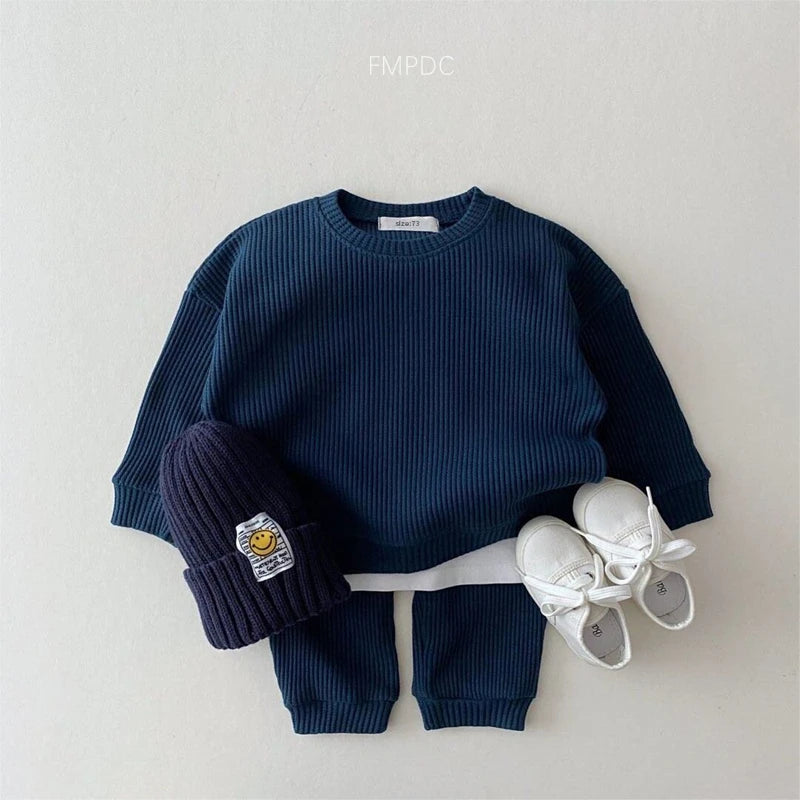 2023 Korean Toddler Baby Clothing Set - Infant Boys Waffle Cotton Sweatshirt & Pants | 2PCS Mock Two-Piece Outfit