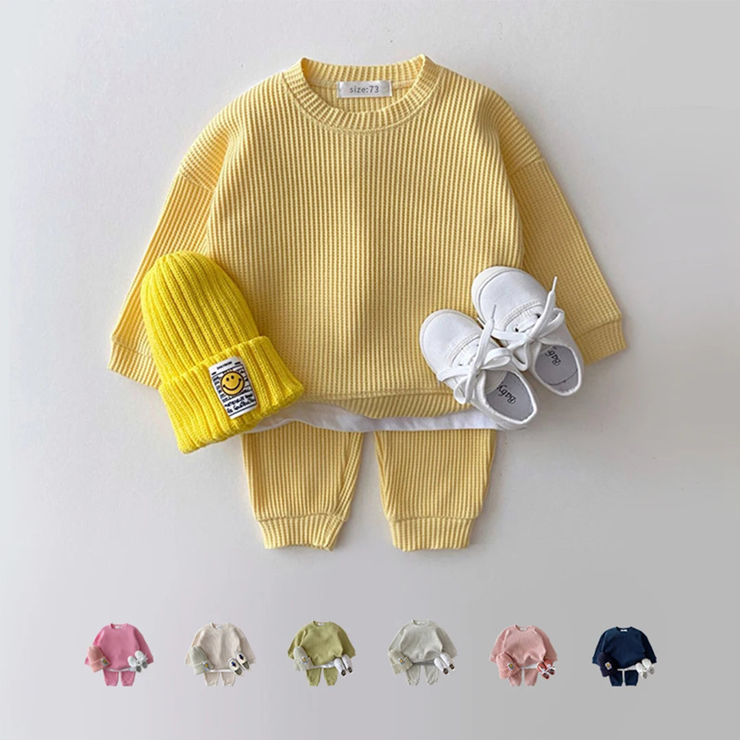 2023 Korean Toddler Baby Clothing Set - Infant Boys Waffle Cotton Sweatshirt & Pants | 2PCS Mock Two-Piece Outfit