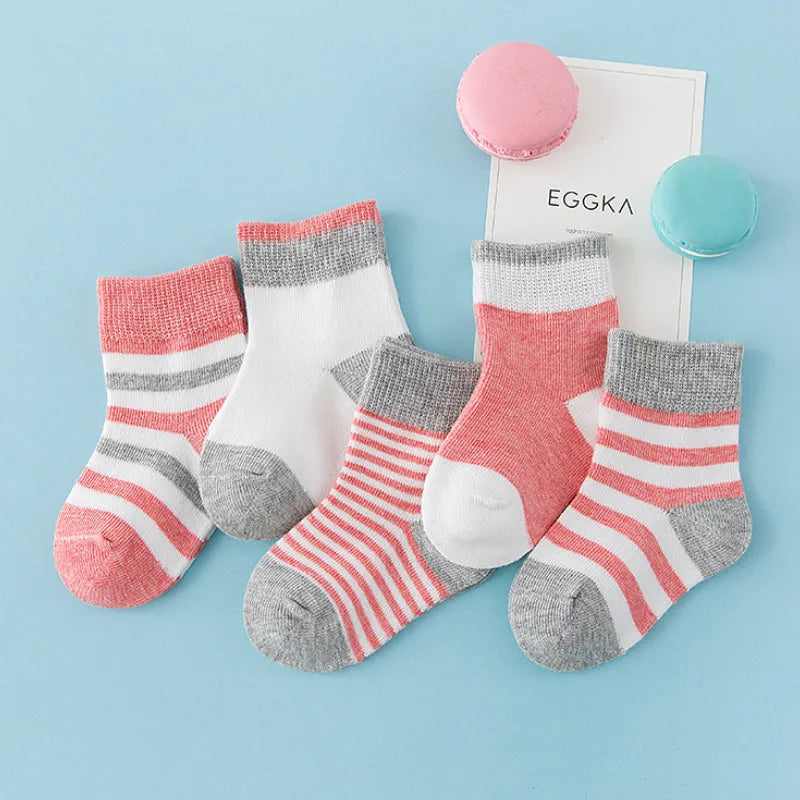 5 Pairs Baby Socks Cotton Spring Autumn Children School Socks for Girls & Boys, Cute Striped Design, Newborn to Toddler (0-6 Years)