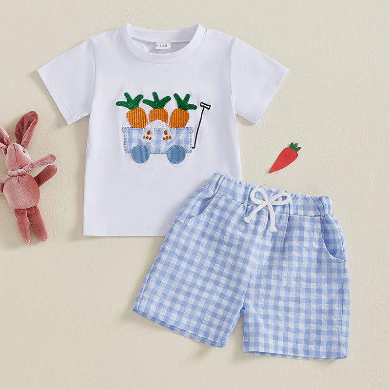 Boys Easter Outfit Summer Clothes, Carrot Cart Short Sleeve T-Shirt & Plaid Shorts Set, Cute Toddler Baby Boy Easter Outfit for 0-3T