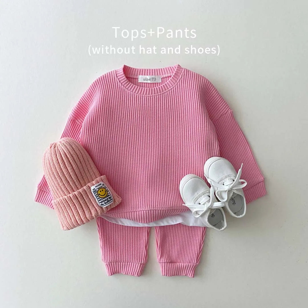 2023 Korean Toddler Baby Clothing Set - Infant Boys Waffle Cotton Sweatshirt & Pants | 2PCS Mock Two-Piece Outfit