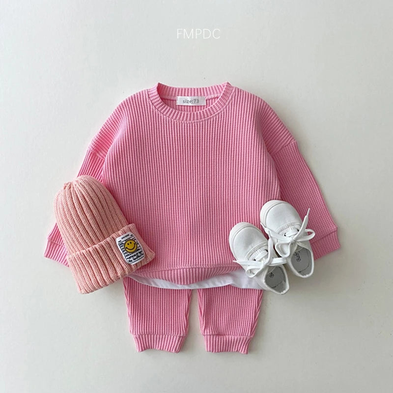 2023 Korean Toddler Baby Clothing Set - Infant Boys Waffle Cotton Sweatshirt & Pants | 2PCS Mock Two-Piece Outfit