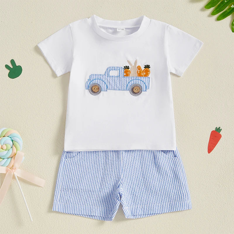 Boys Easter Outfit Summer Clothes, Carrot Cart Short Sleeve T-Shirt & Plaid Shorts Set, Cute Toddler Baby Boy Easter Outfit for 0-3T