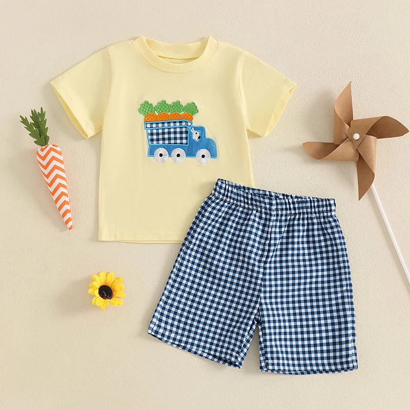 Boys Easter Outfit Summer Clothes, Carrot Cart Short Sleeve T-Shirt & Plaid Shorts Set, Cute Toddler Baby Boy Easter Outfit for 0-3T