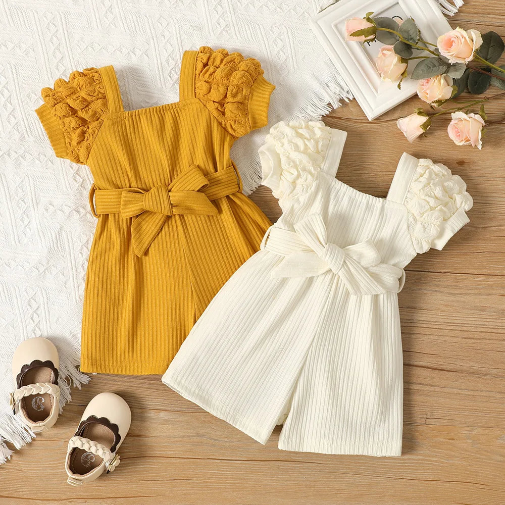 Summer Small Square Neck Puff Sleeve Belt Jumpsuit for Baby Girls, Cute Casual Playsuit for Toddlers"