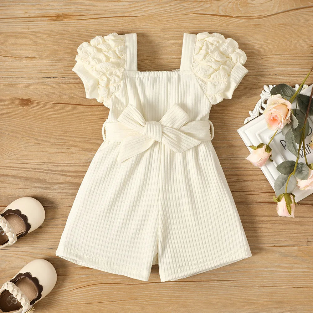 Summer Small Square Neck Puff Sleeve Belt Jumpsuit for Baby Girls, Cute Casual Playsuit for Toddlers"