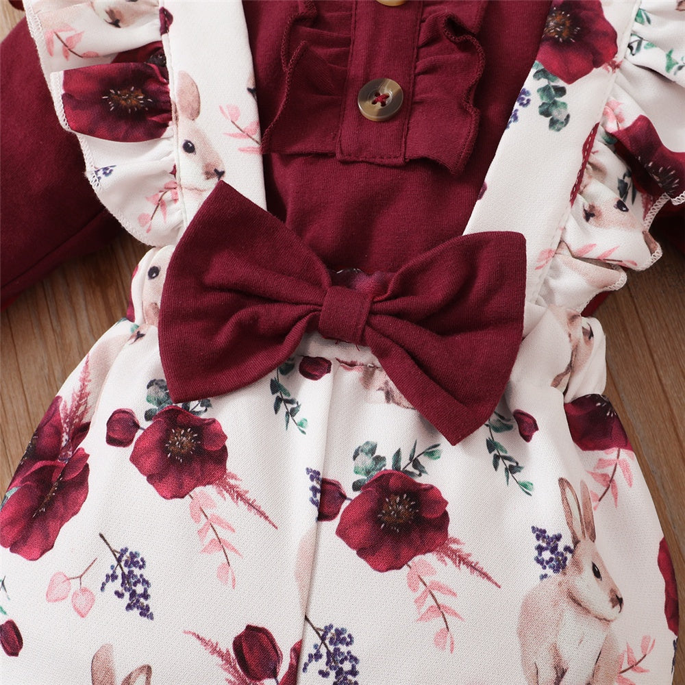 0-18 Months Baby Girl Outfit - Red Long Sleeve Bodysuit & Floral Strap Pants | 2PCS Infant New Year Clothing Set