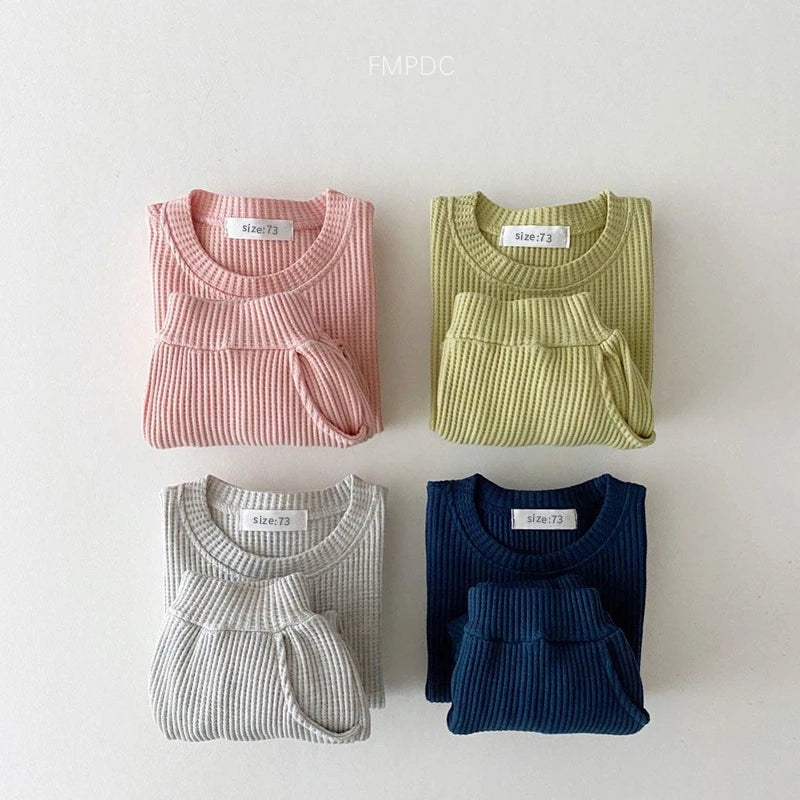 2023 Korean Toddler Baby Clothing Set - Infant Boys Waffle Cotton Sweatshirt & Pants | 2PCS Mock Two-Piece Outfit