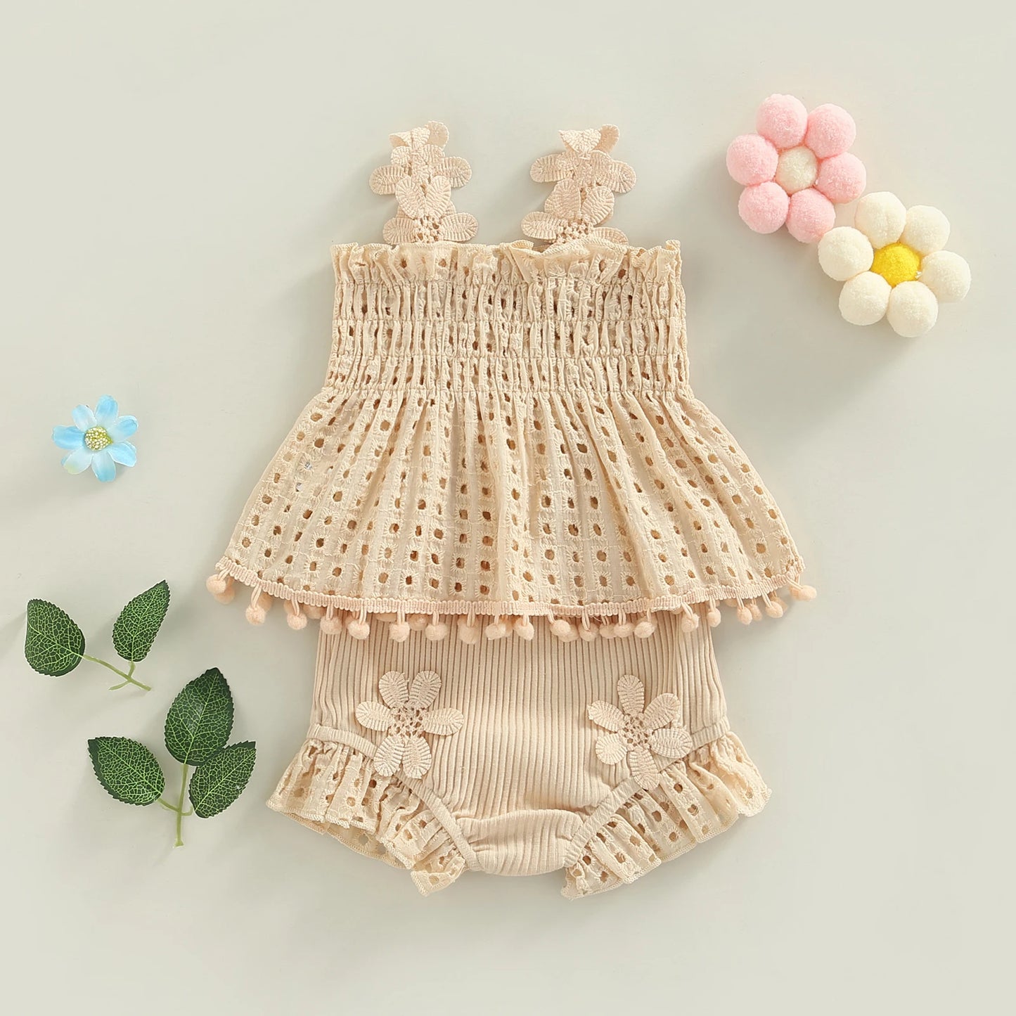 Toddler Baby Girls Summer Outfit, Solid Color Cutout Pleated Tank Top & Stretch Casual Ruffle Shorts, 2Pcs Set for 2-6 Years