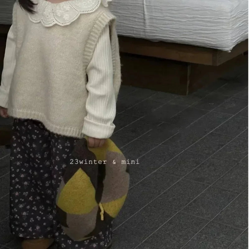 Kids Baby Girl Outfit - 3PCS Set | Knit Waistcoat, Lace Collar Shirt & Floral Wide-Leg Pants | Toddler Clothes