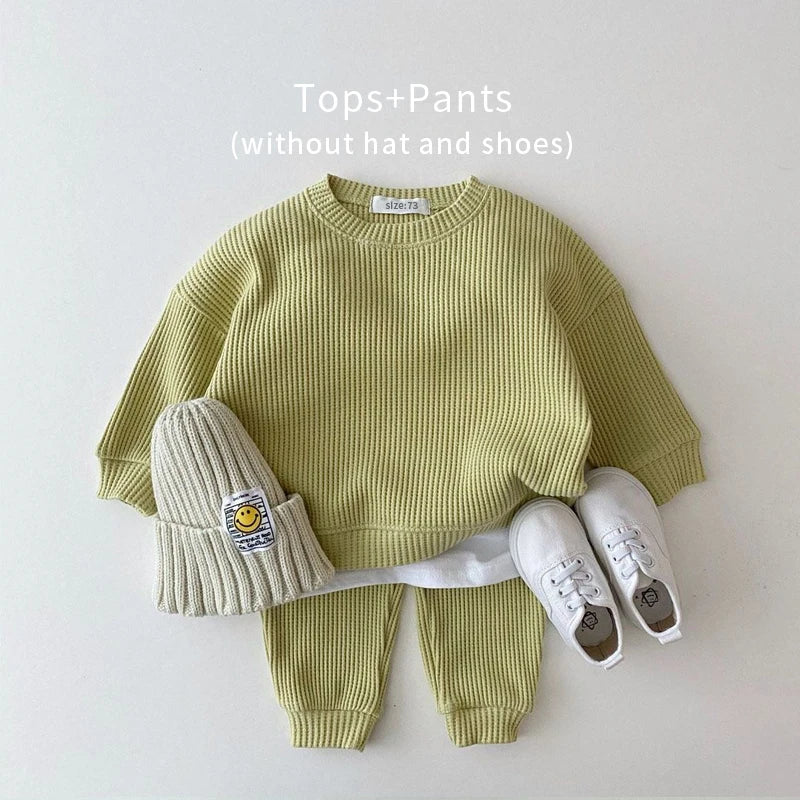 2023 Korean Toddler Baby Clothing Set - Infant Boys Waffle Cotton Sweatshirt & Pants | 2PCS Mock Two-Piece Outfit