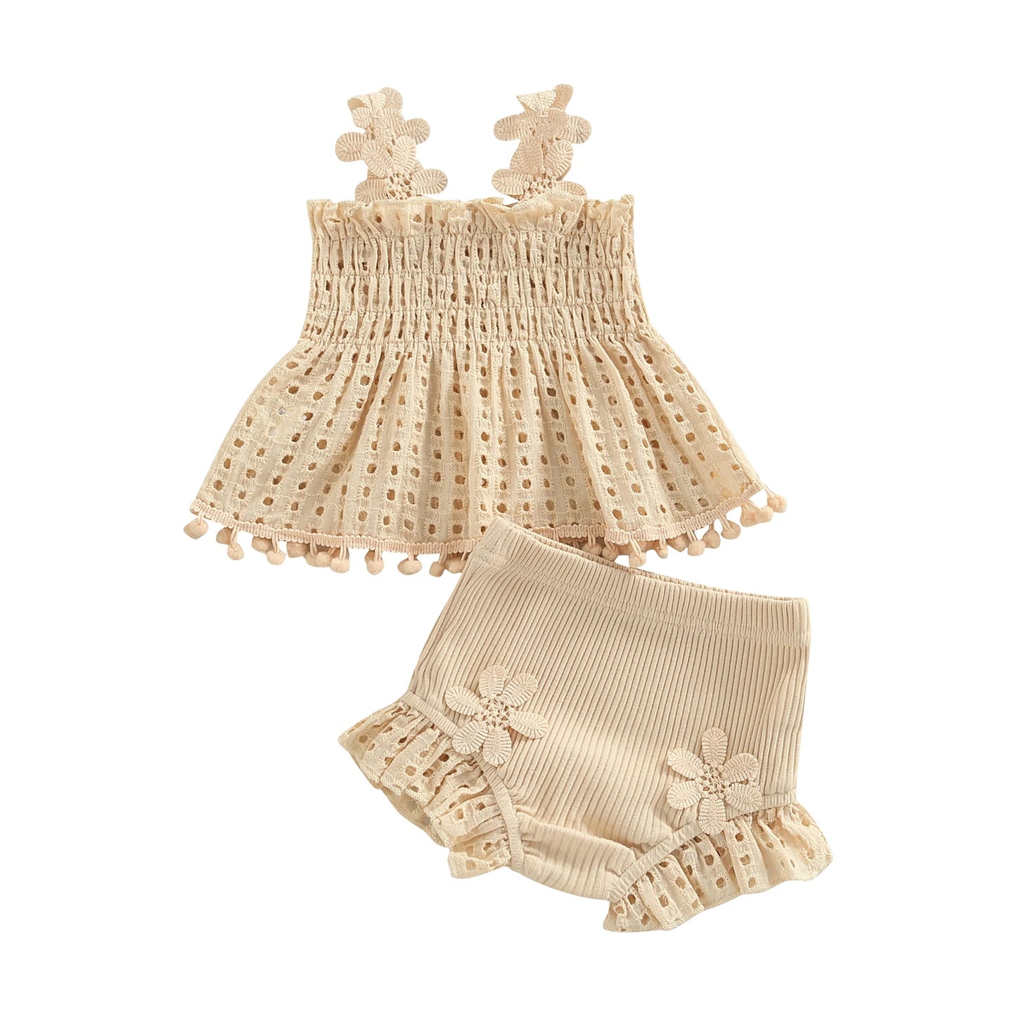 Toddler Baby Girls Summer Outfit, Solid Color Cutout Pleated Tank Top & Stretch Casual Ruffle Shorts, 2Pcs Set for 2-6 Years
