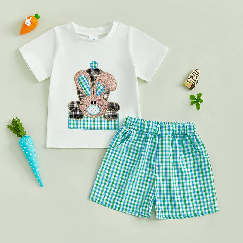 Boys Easter Outfit Summer Clothes, Carrot Cart Short Sleeve T-Shirt & Plaid Shorts Set, Cute Toddler Baby Boy Easter Outfit for 0-3T