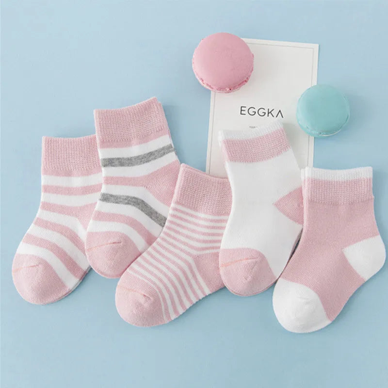 5 Pairs Baby Socks Cotton Spring Autumn Children School Socks for Girls & Boys, Cute Striped Design, Newborn to Toddler (0-6 Years)