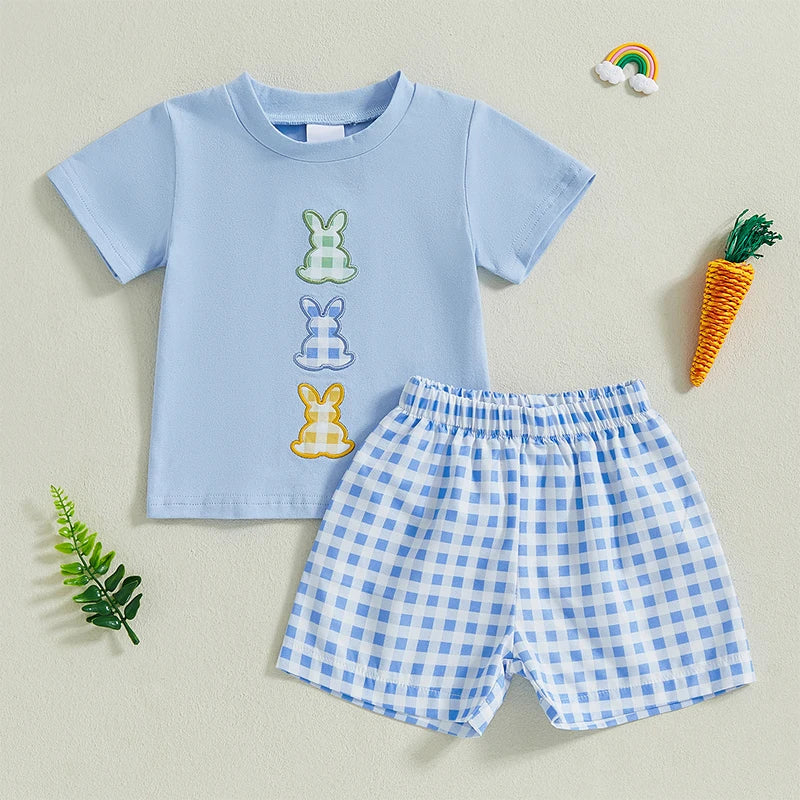 Boys Easter Outfit Summer Clothes, Carrot Cart Short Sleeve T-Shirt & Plaid Shorts Set, Cute Toddler Baby Boy Easter Outfit for 0-3T