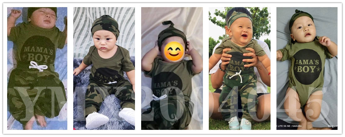 Newborn Baby Boy Summer Outfit - 3PCS Set | Letters Short Sleeve Romper, Camouflage Pants & Hat (0-18 Months)