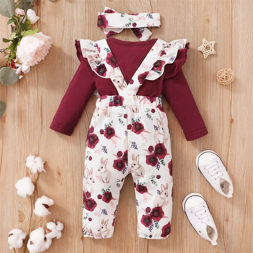 0-18 Months Baby Girl Outfit - Red Long Sleeve Bodysuit & Floral Strap Pants | 2PCS Infant New Year Clothing Set