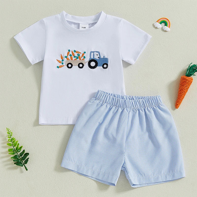 Boys Easter Outfit Summer Clothes, Carrot Cart Short Sleeve T-Shirt & Plaid Shorts Set, Cute Toddler Baby Boy Easter Outfit for 0-3T
