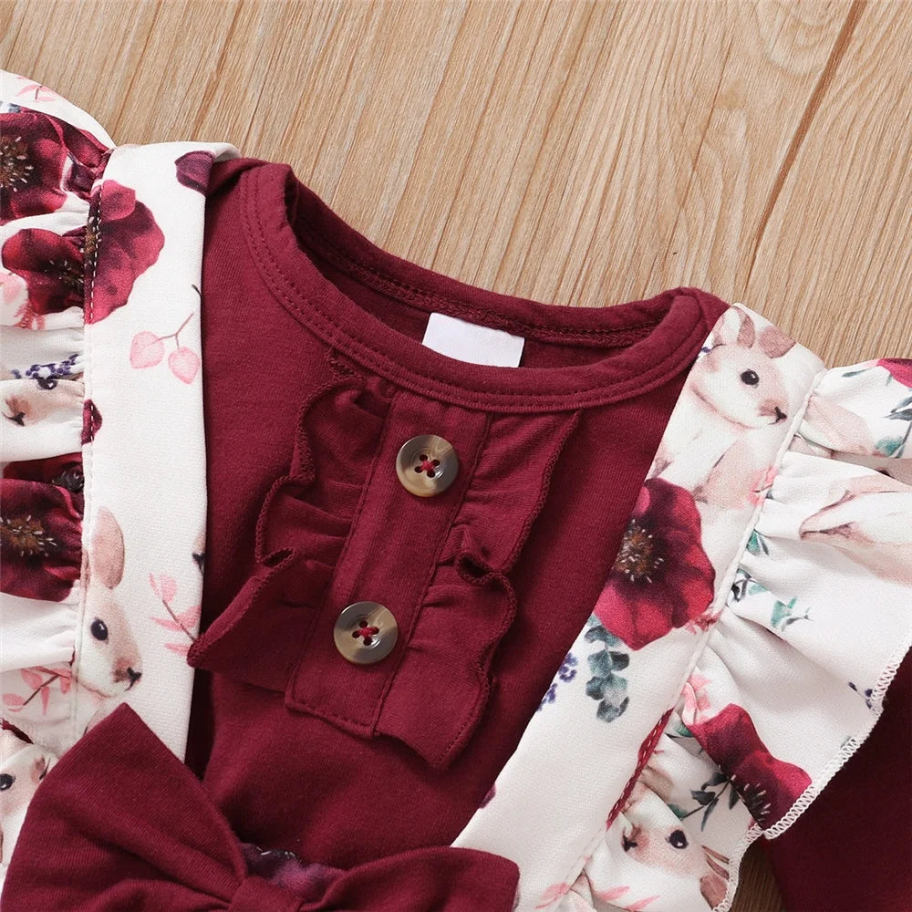 0-18 Months Baby Girl Outfit - Red Long Sleeve Bodysuit & Floral Strap Pants | 2PCS Infant New Year Clothing Set
