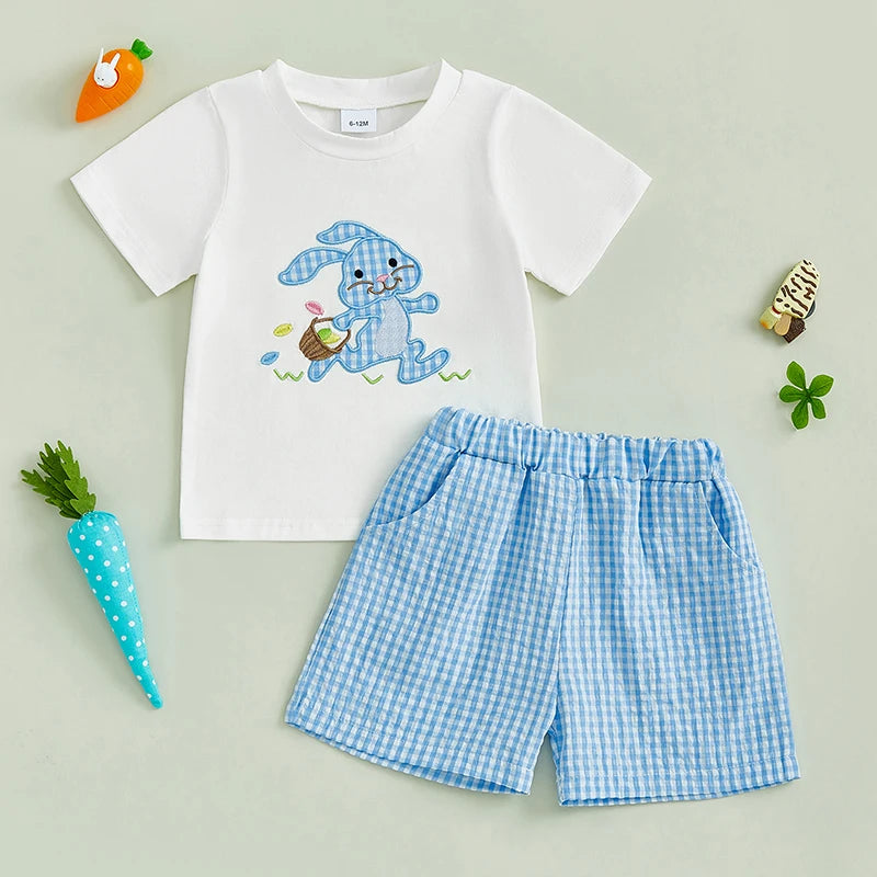 Boys Easter Outfit Summer Clothes, Carrot Cart Short Sleeve T-Shirt & Plaid Shorts Set, Cute Toddler Baby Boy Easter Outfit for 0-3T