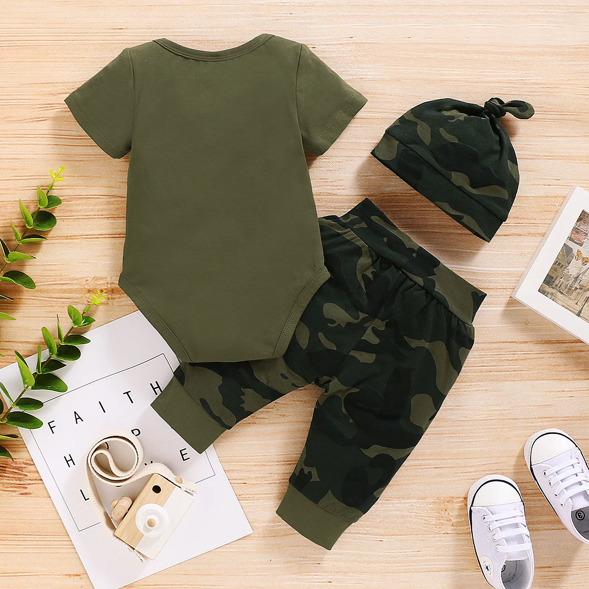 Newborn Baby Boy Summer Outfit - 3PCS Set | Letters Short Sleeve Romper, Camouflage Pants & Hat (0-18 Months)