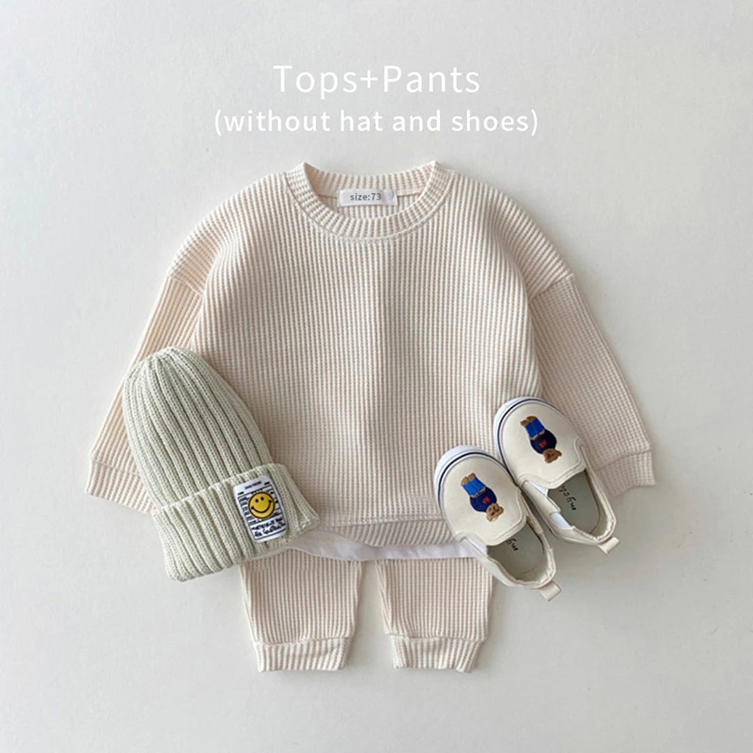 2023 Korean Toddler Baby Clothing Set - Infant Boys Waffle Cotton Sweatshirt & Pants | 2PCS Mock Two-Piece Outfit