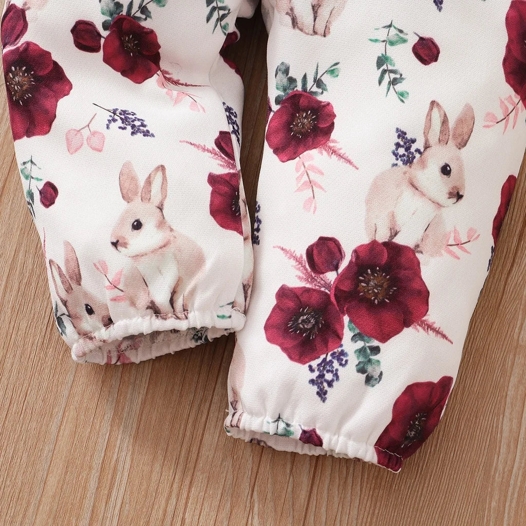 0-18 Months Baby Girl Outfit - Red Long Sleeve Bodysuit & Floral Strap Pants | 2PCS Infant New Year Clothing Set