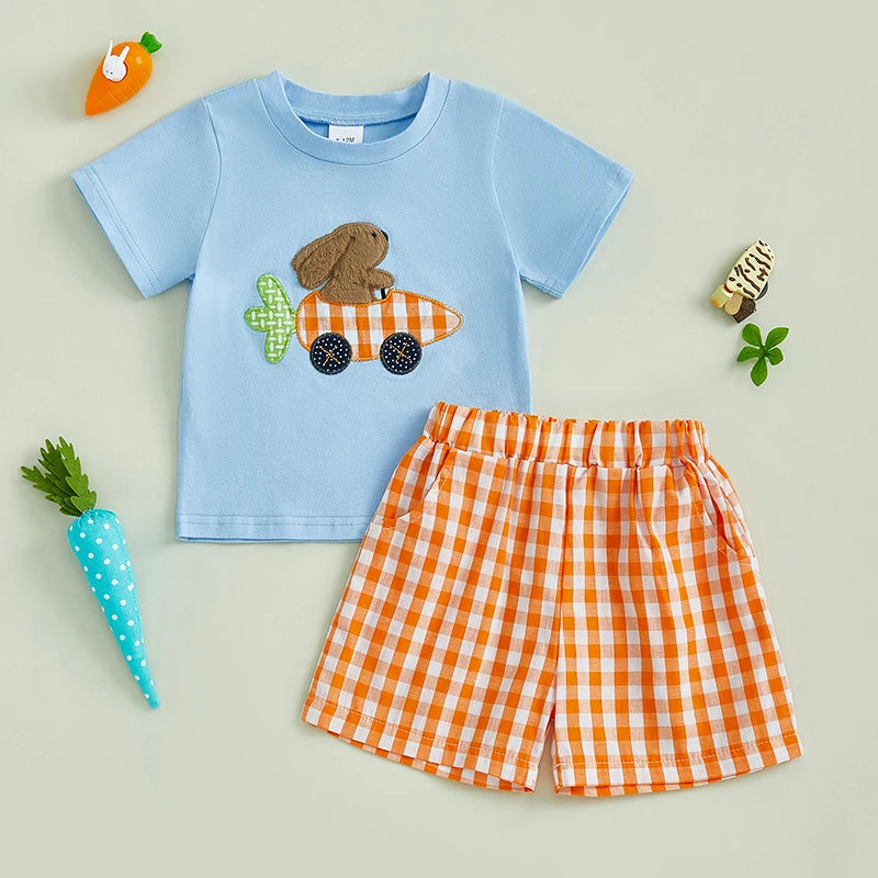 Boys Easter Outfit Summer Clothes, Carrot Cart Short Sleeve T-Shirt & Plaid Shorts Set, Cute Toddler Baby Boy Easter Outfit for 0-3T