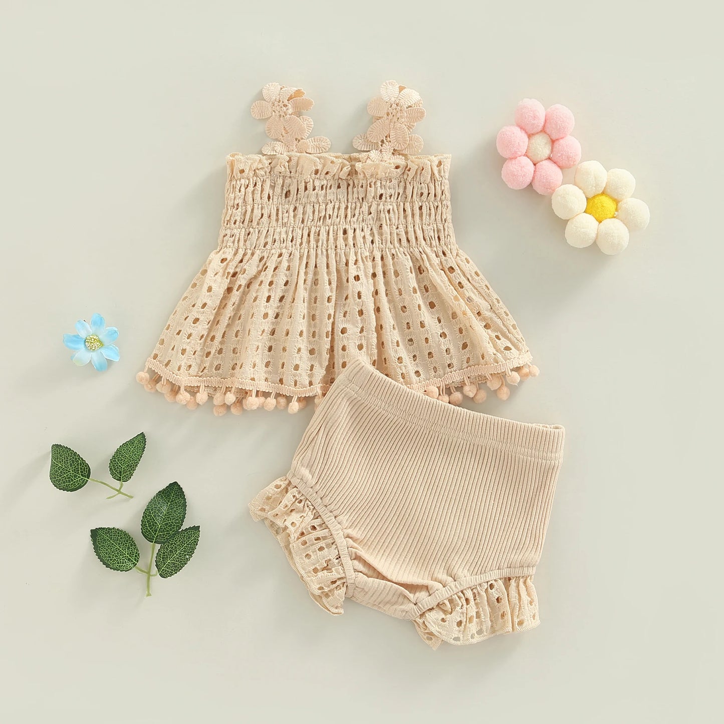 Toddler Baby Girls Summer Outfit, Solid Color Cutout Pleated Tank Top & Stretch Casual Ruffle Shorts, 2Pcs Set for 2-6 Years
