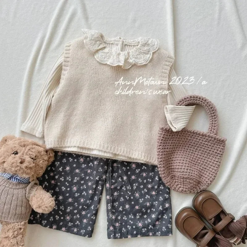 Kids Baby Girl Outfit - 3PCS Set | Knit Waistcoat, Lace Collar Shirt & Floral Wide-Leg Pants | Toddler Clothes