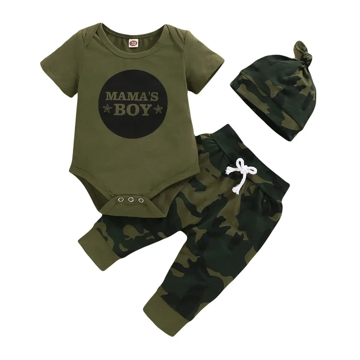 Newborn Baby Boy Summer Outfit - 3PCS Set | Letters Short Sleeve Romper, Camouflage Pants & Hat (0-18 Months)