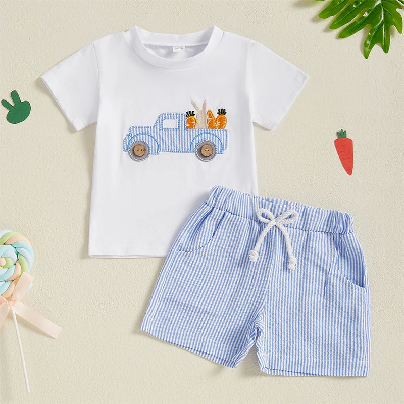 Boys Easter Outfit Summer Clothes, Carrot Cart Short Sleeve T-Shirt & Plaid Shorts Set, Cute Toddler Baby Boy Easter Outfit for 0-3T
