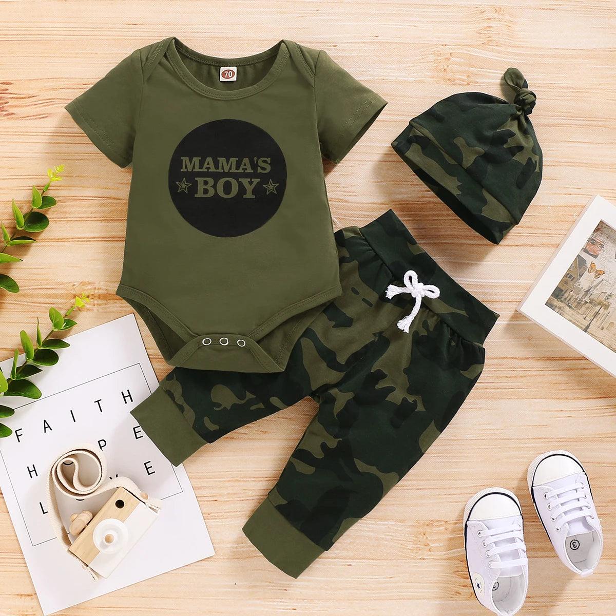 Newborn Baby Boy Summer Outfit - 3PCS Set | Letters Short Sleeve Romper, Camouflage Pants & Hat (0-18 Months)