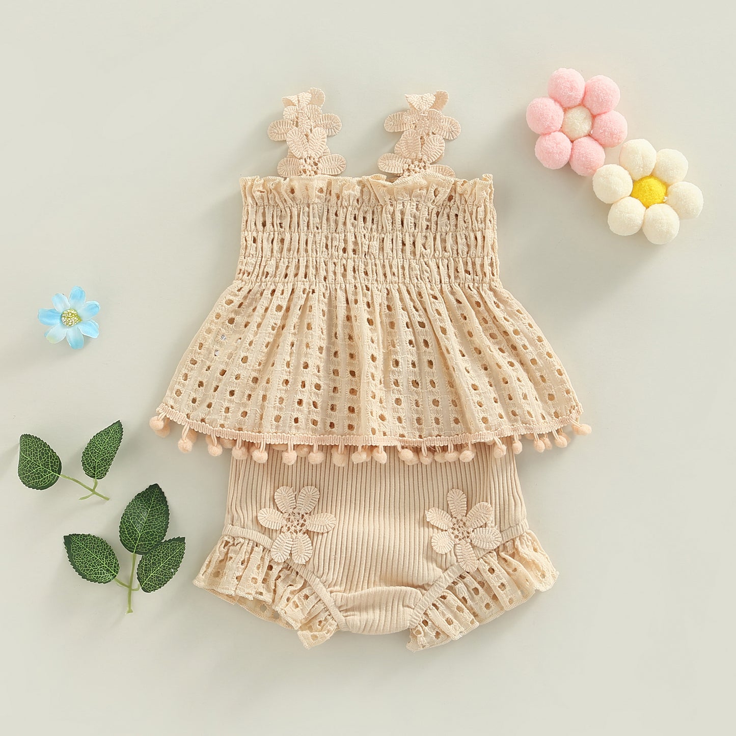 Toddler Baby Girls Summer Outfit, Solid Color Cutout Pleated Tank Top & Stretch Casual Ruffle Shorts, 2Pcs Set for 2-6 Years