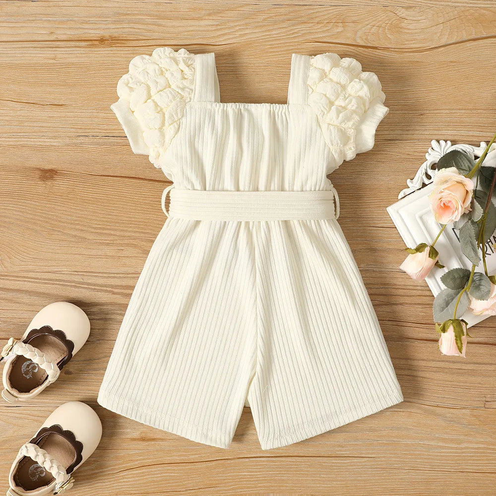 Summer Small Square Neck Puff Sleeve Belt Jumpsuit for Baby Girls, Cute Casual Playsuit for Toddlers"