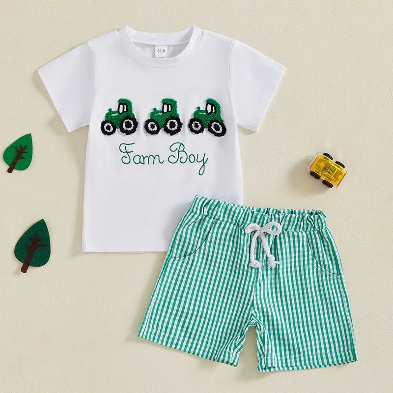 Boys Easter Outfit Summer Clothes, Carrot Cart Short Sleeve T-Shirt & Plaid Shorts Set, Cute Toddler Baby Boy Easter Outfit for 0-3T