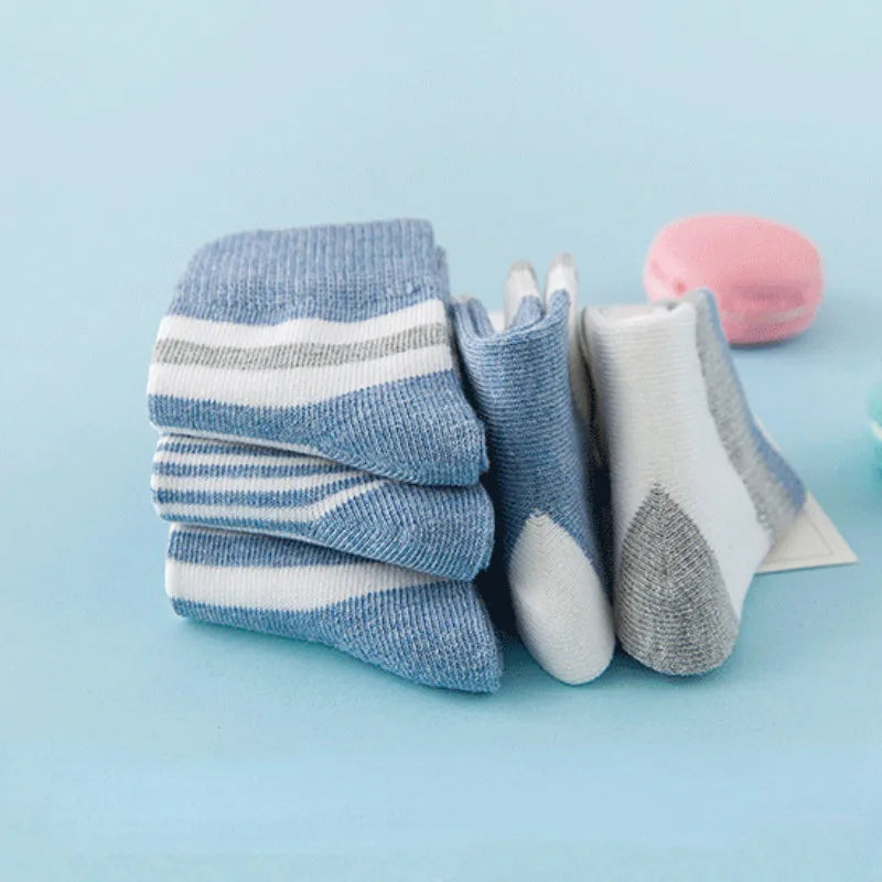 5 Pairs Baby Socks Cotton Spring Autumn Children School Socks for Girls & Boys, Cute Striped Design, Newborn to Toddler (0-6 Years)