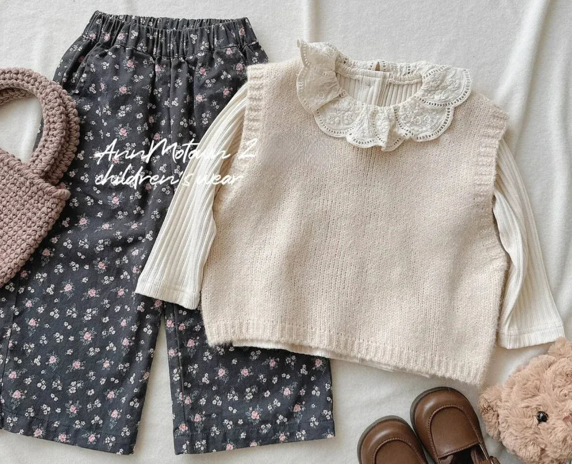 Kids Baby Girl Outfit - 3PCS Set | Knit Waistcoat, Lace Collar Shirt & Floral Wide-Leg Pants | Toddler Clothes