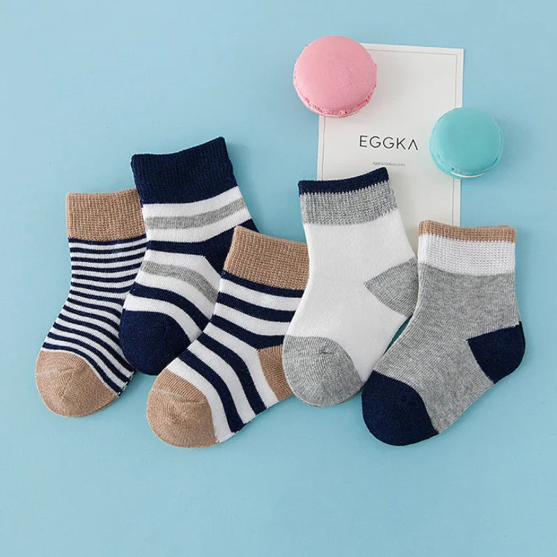 5 Pairs Baby Socks Cotton Spring Autumn Children School Socks for Girls & Boys, Cute Striped Design, Newborn to Toddler (0-6 Years)