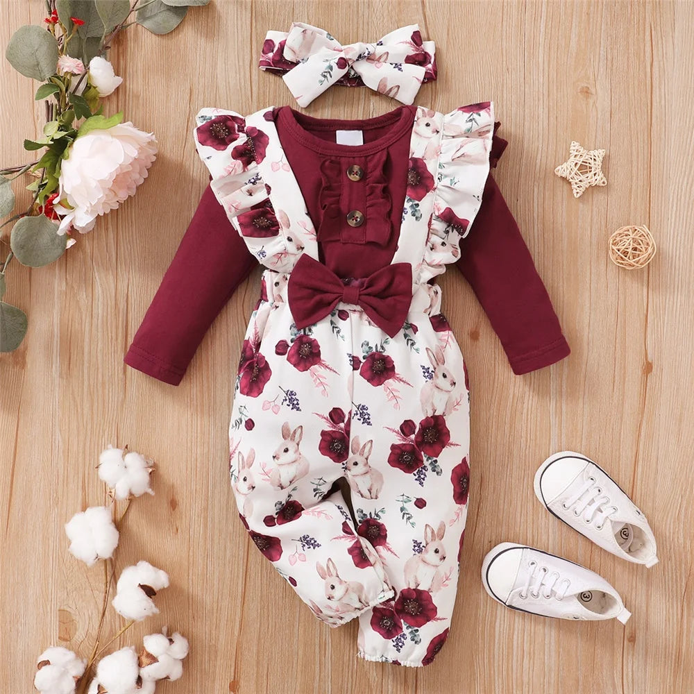 0-18 Months Baby Girl Outfit - Red Long Sleeve Bodysuit & Floral Strap Pants | 2PCS Infant New Year Clothing Set