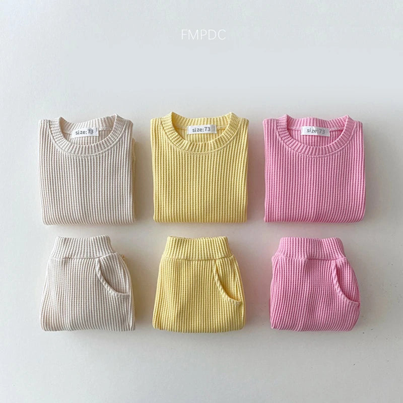 2023 Korean Toddler Baby Clothing Set - Infant Boys Waffle Cotton Sweatshirt & Pants | 2PCS Mock Two-Piece Outfit