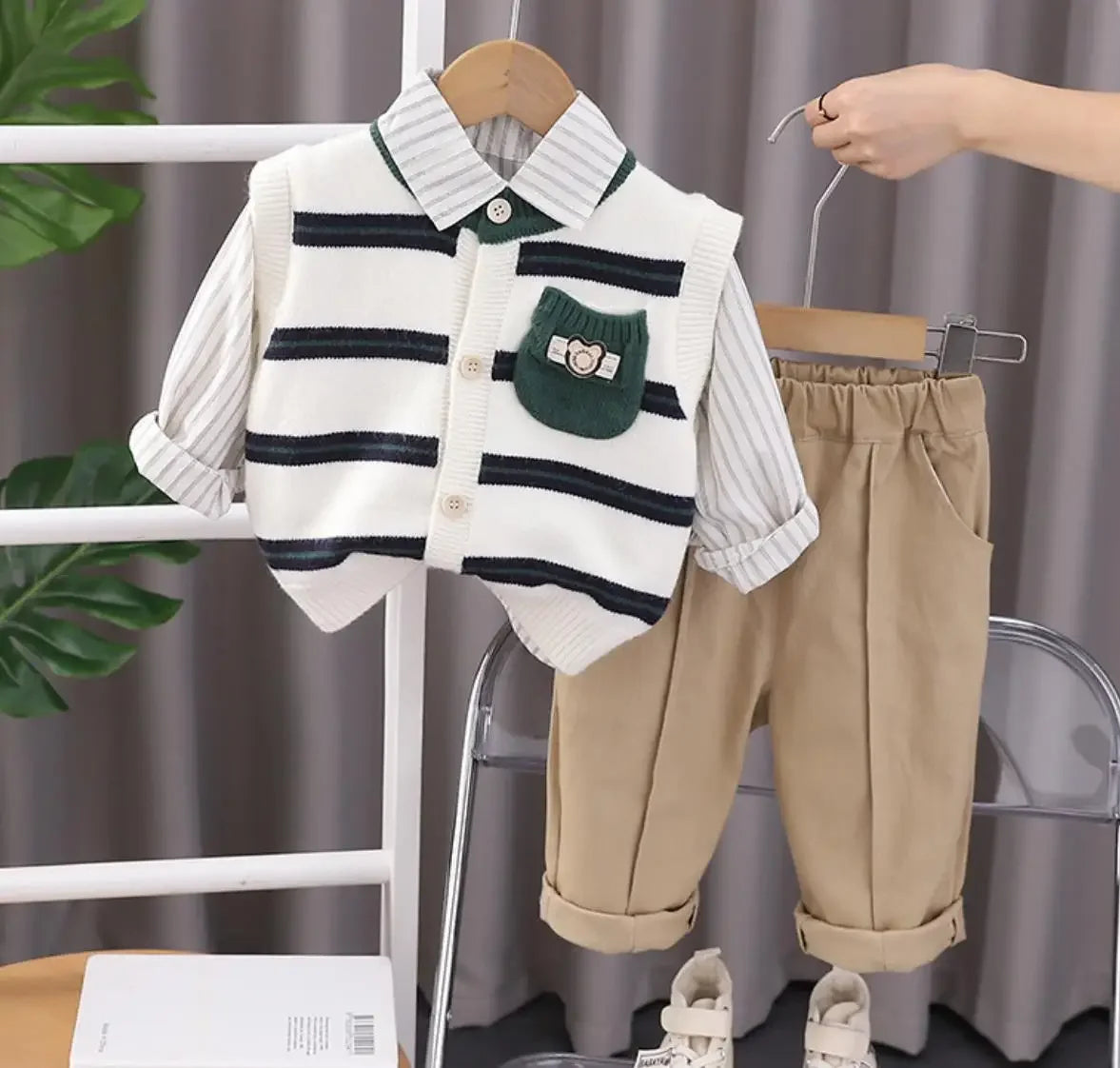 Korean Style Boys Set 6 to 12 Months – Kids Infant Clothing Pocket Striped Knitted Sweater Vest + Shirts + Pants 3PCS Toddler Outfits