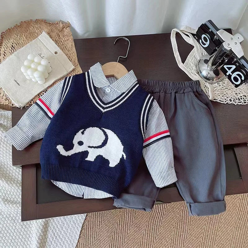 Spring Autumn New Boys Clothes – Cartoon Elephant V-neck Sweater Vest + Long Sleeved Vertical Striped Shirt + Pants 3pcs Casual Set
