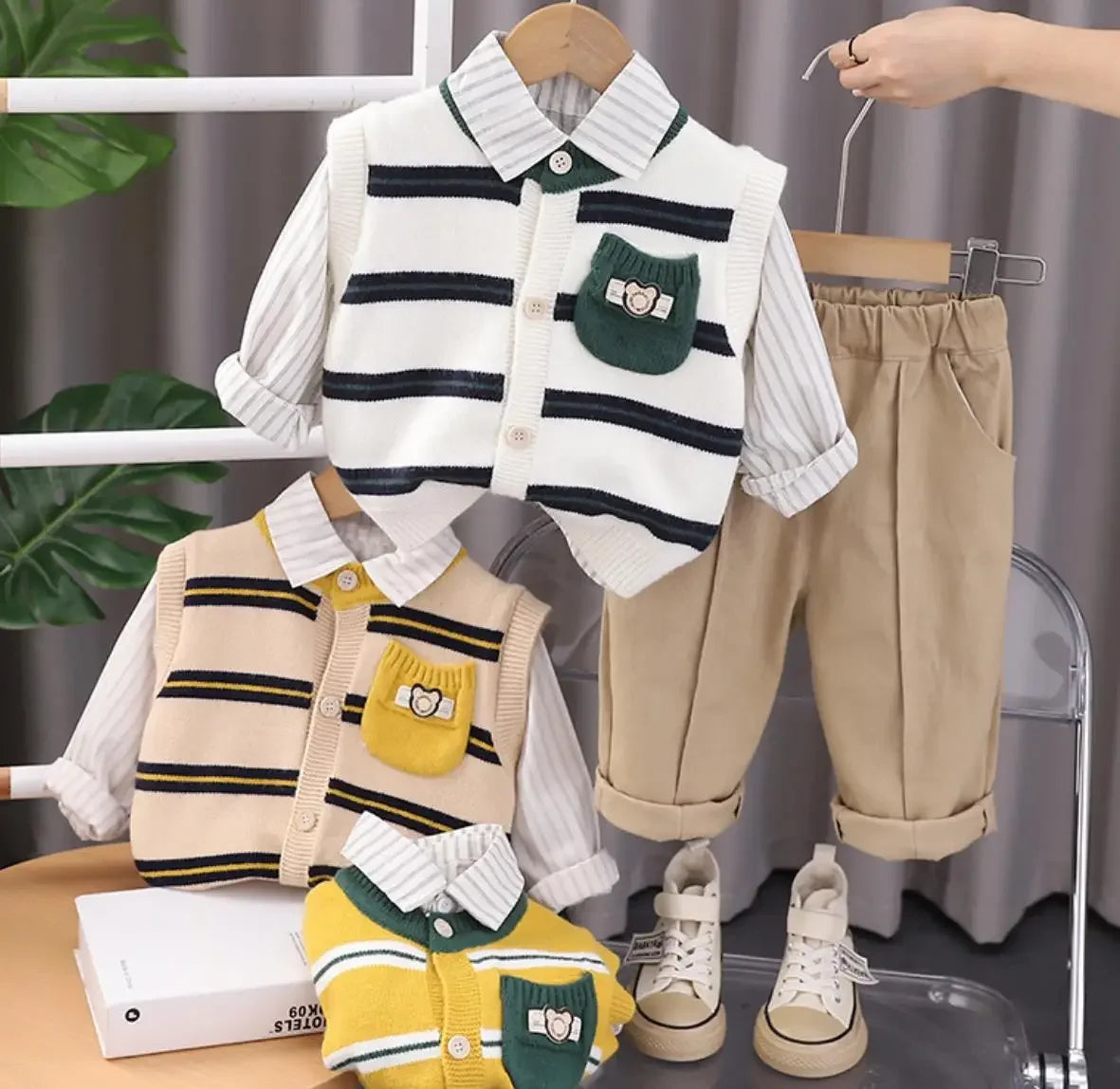 Korean Style Boys Set 6 to 12 Months – Kids Infant Clothing Pocket Striped Knitted Sweater Vest + Shirts + Pants 3PCS Toddler Outfits