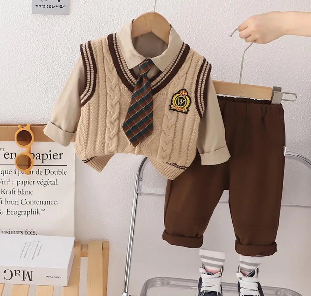 3PCS Boys Sweater Sets Spring Autumn Kids V-neck Preppy Knitted Vest + T-shirts + Pants Casual Toddler Outfits Infant Baby Clothing